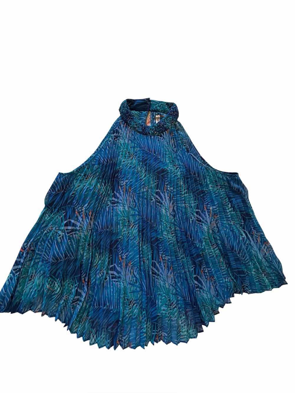 Jennifer Lopez Botanical Tropical Chiffon
Pleated High Neck Blue Pleated Top-1X